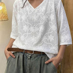 Women's Solid Color V-neck 3/4 Sleeve Casual Loose Cotton Embroidered Top