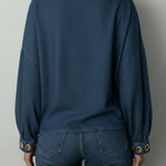 Women's Round Neck Metal Eyelet Cutout Design Casual Loose Long-sleeved Denim Top.