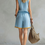 Women's Round Neck Sleeveless Casual Loose Vest And Elastic Waist Casual Loose Shorts Cotton And Linen Set.