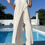 Women's Stylish Casual Elegant Resort Cotton Top And Elastic Waist Loose Pants Set