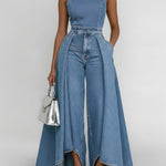 Women's Round Neck Sleeveless Casual Loose Wide-leg Denim Jumpsuit