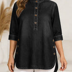 Women's Round Neck 3/4 Sleeve Casual Button-up Loose Denim Top