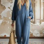 Casual Cozy Loose Hooded Button-up Cotton Jumpsuit