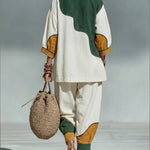 Casual Artistic Color-blocked Linen And Cotton Top And Pants Two-piece Set