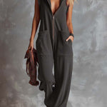 Women's Solid Color Sleeveless Casual Loose Hooded Cotton Wide-leg Jumpsuit