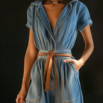 Women's Casual Stylish Lapel Short Sleeve Denim Jumpsuit