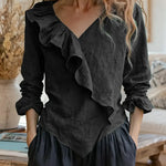 Women's Solid Color V-neck Long Sleeve Casual Loose Ruffled Cotton Linen Top