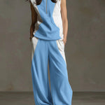 Women's Stand-collar Sleeveless Loose-fitting Cotton Top And Elastic-waist Loose Wide-leg Cotton Pants Set.