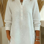 Romantic Floral Embroidered Henley Collar Split Hem Shirt