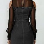 Women's Stand Collar Long Sleeve Chiffon Patchwork Casual Slim Denim Dress