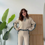 Women's Color-blocked Cardigan Collar Long-sleeved Casual Loose Top And High-waisted Casual Loose Color-blocked Wide-leg Pants S