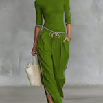 Cozy Stretch Knit Top And Linen And Cotton Trousers Two-piece Set
