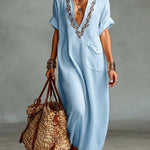 Loose-fitting V-neck Linen And Cotton Dress