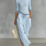 Cozy Stretch Knit Top And Linen And Cotton Trousers Two-piece Set