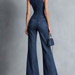 Casual Zipper Sleeveless Denim Flared Jumpsuit