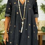 Casual Gold Star Print 100% Cotton Denim Dress
