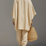 Women's Solid Color V-neck Long Sleeve Casual Loose Cotton Linen Top With Elastic Waist And Wide-leg Pants Set