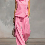 Women's Solid Color Stand-collar Sleeveless Casual Loose Cotton Top And High-waisted Loose Wide-leg Pants Set.