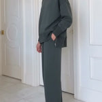 Casual Travel Stand Collar Side Zipper Top Straight Pants Two-Piece Set
