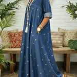 Casual Gold Star Print 100% Cotton Denim Dress