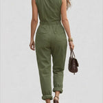 Fashionable And Casual Zippered Sleeveless Cotton Jumpsuit