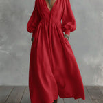Waist-elastic Linen And Cotton Lantern-sleeved Dress