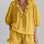 Romantic Ruffled Collar Blouse And Short Suit Set - Comfortable Everyday Wear
