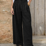 Women's Solid Color High-waisted Pleated Casual Loose Cotton And Linen Wide-leg Pants