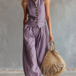 Women's Solid Color Stand-collar Sleeveless Casual Loose Cotton And Linen Top, And High-waisted Casual Loose Wide-leg Pants Set.