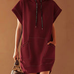 Women's Solid Color Short-sleeved Casual Loose Hooded Sweatshirt Dress