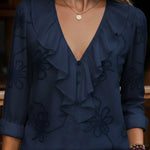 Vintage ruffled V-neck shirt with embroidered flowers