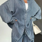 Women's Solid Color Loose Lapel Buttoned Cardigan Pants Denim Suits