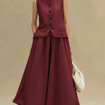 Women's Solid Color Round Neck Sleeveless Loose Casual Top And High-waisted Loose Casual Skirt Cotton And Linen Set.