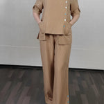 Women's Cozy Striped Linen And Cotton Top And Pants Two-piece Set.