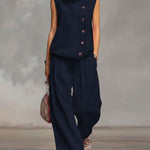 Women's Solid Color Stand-collar Sleeveless Casual Loose Cotton Top And High-waisted Loose Wide-leg Pants Set.