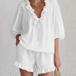 Romantic Ruffled Collar Blouse And Short Suit Set - Comfortable Everyday Wear