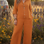 Women's Cozy Loose Collar Button-up Linen Jumpsuit