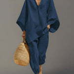 Women's Solid Color V-neck Long Sleeve Casual Loose Cotton Linen Top With Elastic Waist And Wide-leg Pants Set