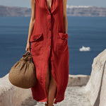 Women's Solid Color Lapel Sleeveless Casual Loose Cotton And Linen Dress