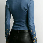 Women's Denim-look V-neck Long-sleeved Casual Loose-fitting Top