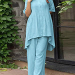 Women's Round Neck Short Sleeve Casual Loose Pleated Top And High-waisted Wide-leg Pants Cotton And Linen Set.