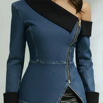 Women's One-shoulder Neckline Long-sleeved Casual Loose Denim Patchwork Top
