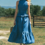 Women's Retro Elegant Stylish Zip High-Neck Sleeveless Ruffled Denim Dress