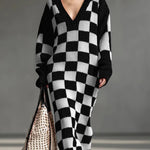 Women's Plaid Print V-neck Long-sleeved Casual Loose Knit Dress