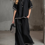 Women's Round-neck Short-sleeved Casual Loose Top And High-waisted Loose Wide-leg Pants Cotton And Linen Set.