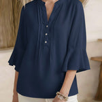 Women's V-neck 3/4 Sleeve Casual Loose Linen Top