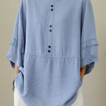 Women's Solid Color Casual Round Neck Button Cotton Linen Shirt