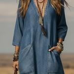 Casual V-neck Patch Pockets Denim Dress