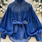 Women's Stand-collar Long-sleeved Loose-fitting Casual Denim Top