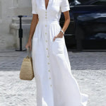 Women's Casual Urban Plain Buttoned Shirt Collar Maxi Cotton Dress